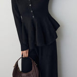 Elegant V-Neck Peplum Knit Sweater and High Waist Wide Leg Pants Set