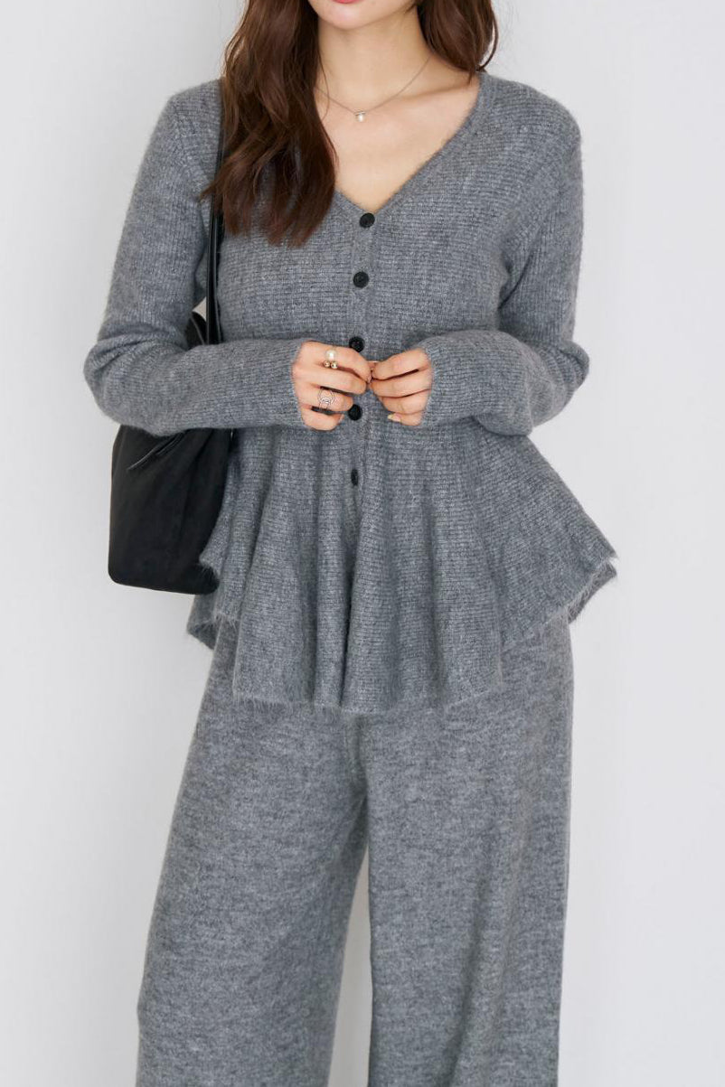 Elegant V-Neck Peplum Knit Sweater and High Waist Wide Leg Pants Set