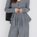 Elegant V-Neck Peplum Knit Sweater and High Waist Wide Leg Pants Set