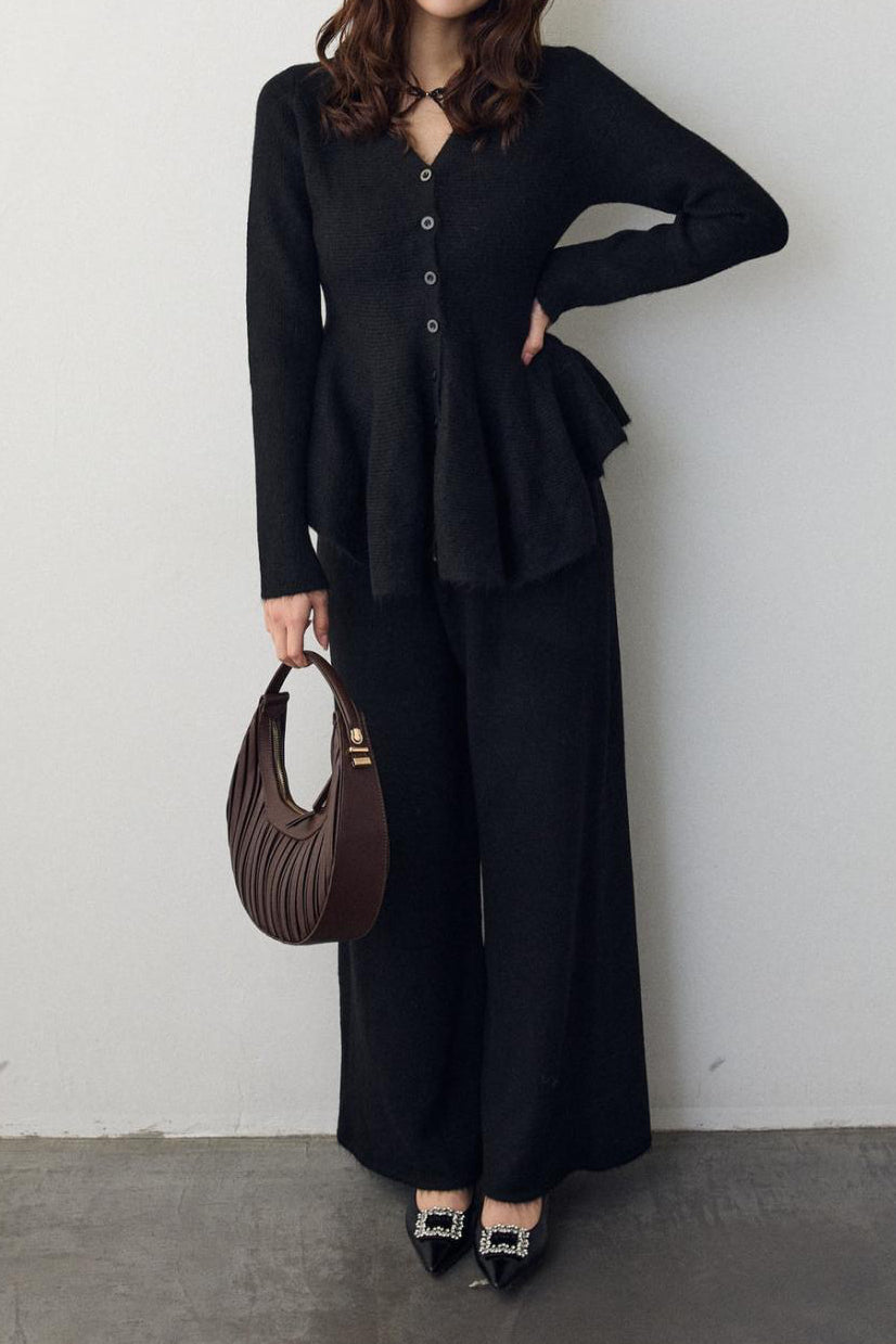 Elegant V-Neck Peplum Knit Sweater and High Waist Wide Leg Pants Set