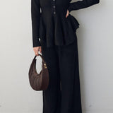 Elegant V-Neck Peplum Knit Sweater and High Waist Wide Leg Pants Set