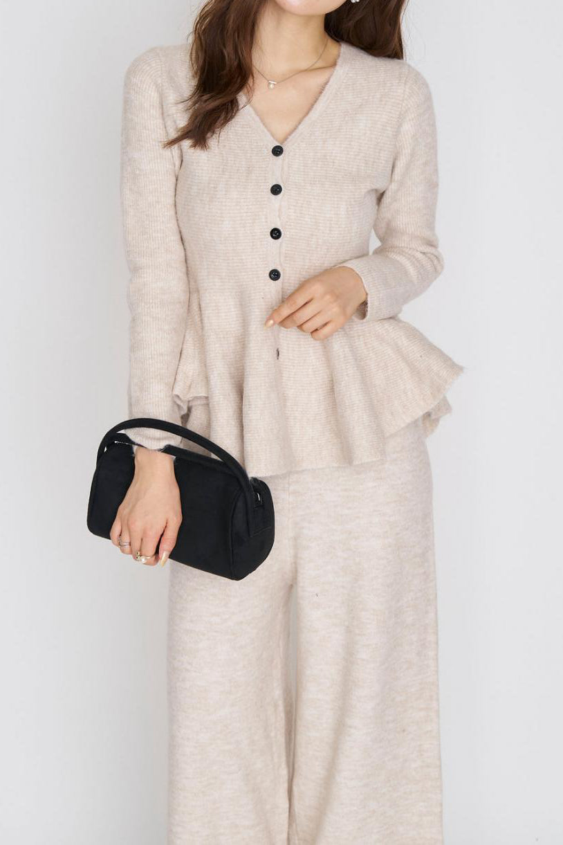 Elegant V-Neck Peplum Knit Sweater and High Waist Wide Leg Pants Set