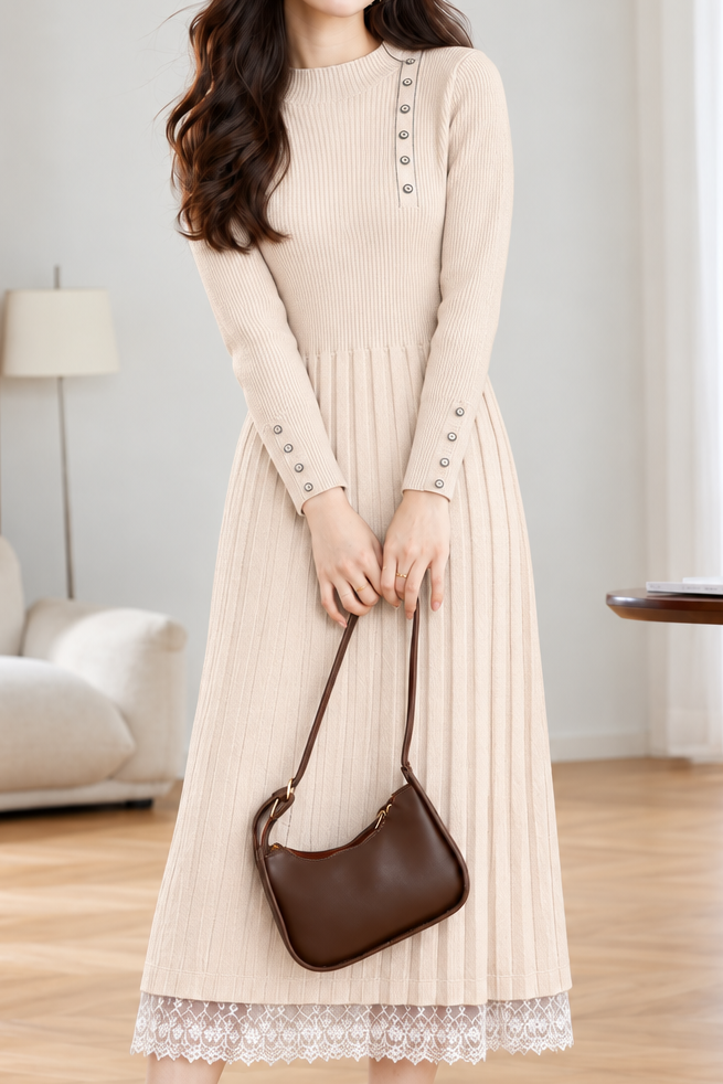 Elegant Mock Neck Lace Panel Long Sleeve Knit Dress
