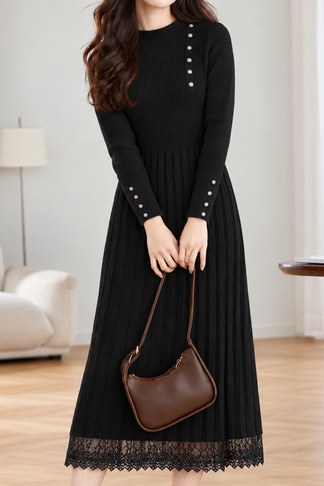 Elegant Mock Neck Lace Panel Long Sleeve Knit Dress