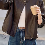 Casual Stand Collar Cropped Faux Leather Jacket