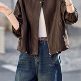 Casual Stand Collar Cropped Faux Leather Jacket