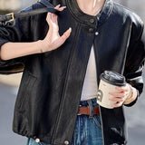 Casual Stand Collar Cropped Faux Leather Jacket