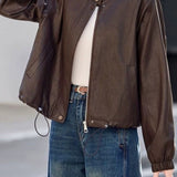 Casual Stand Collar Cropped Faux Leather Jacket
