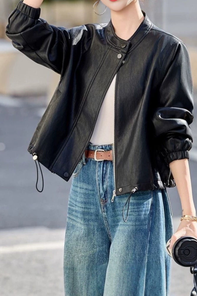 Casual Stand Collar Cropped Faux Leather Jacket