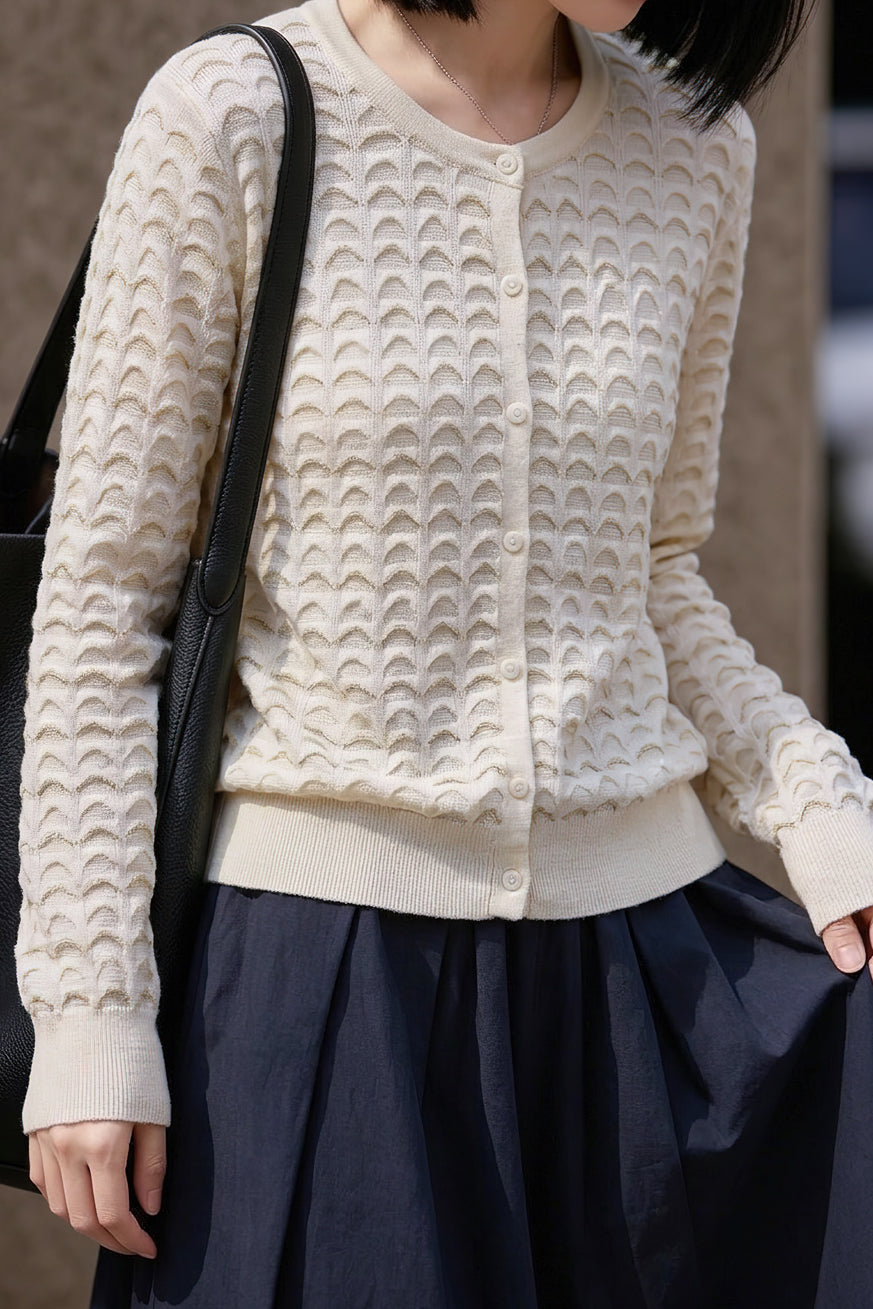Chic Versatile Crew Neck Wave Textured Knit Cardigan