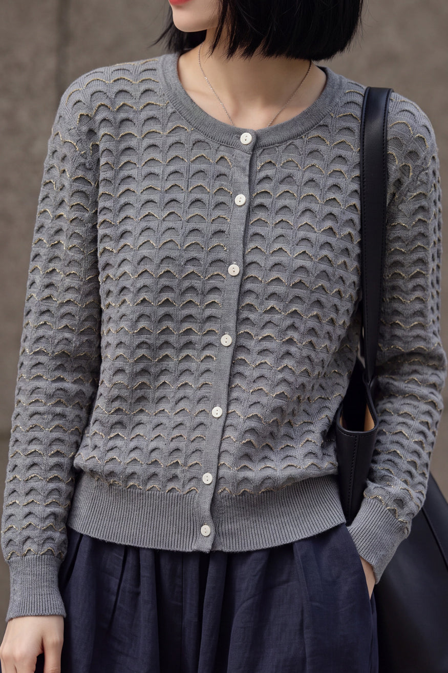 Chic Versatile Crew Neck Wave Textured Knit Cardigan