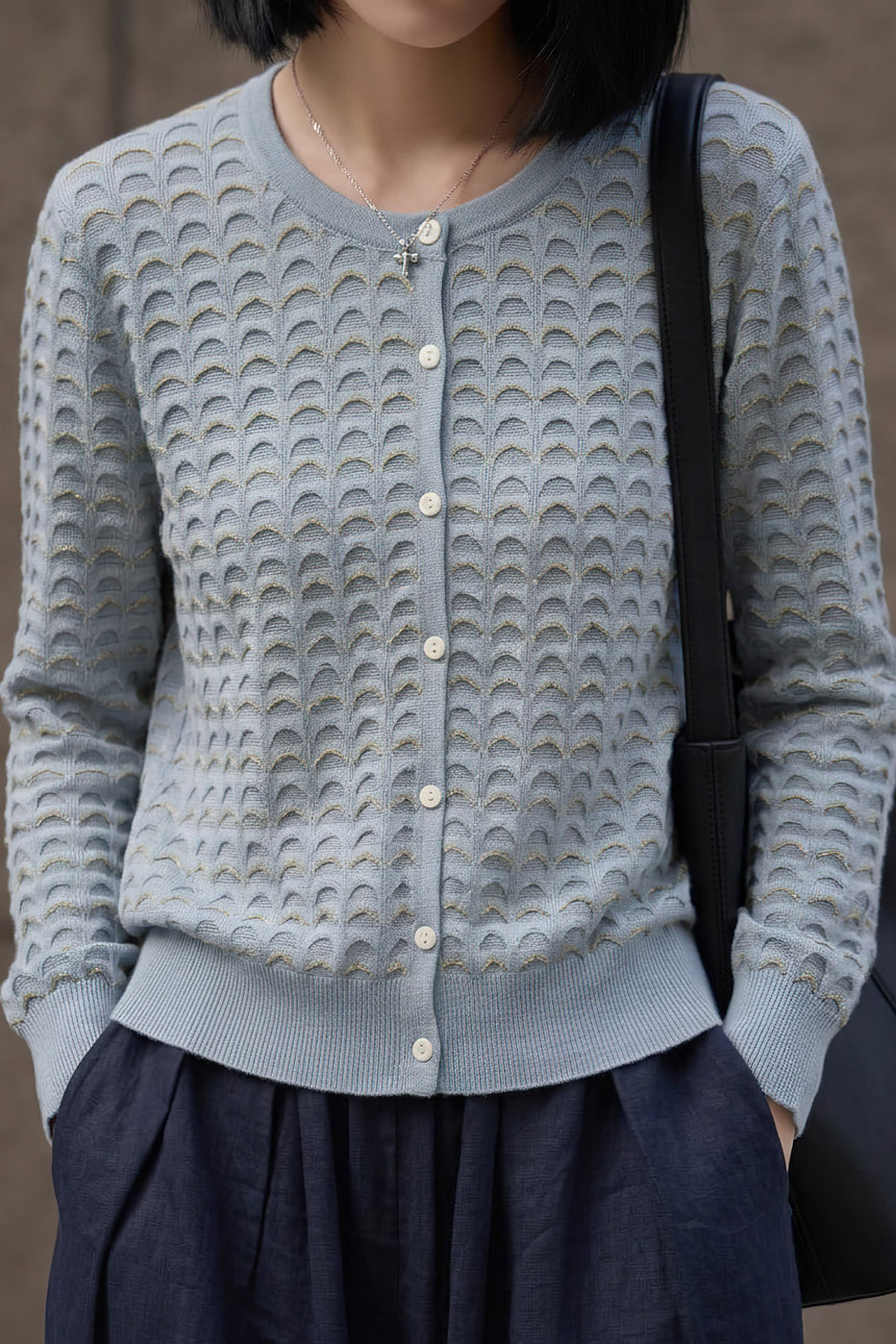 Chic Versatile Crew Neck Wave Textured Knit Cardigan