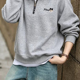 Casual Plaid Collared Half Zip Cartoon Embroidered Sweatshirt