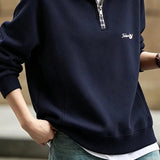 Casual Plaid Collared Half Zip Cartoon Embroidered Sweatshirt