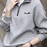 Casual Plaid Collared Half Zip Cartoon Embroidered Sweatshirt