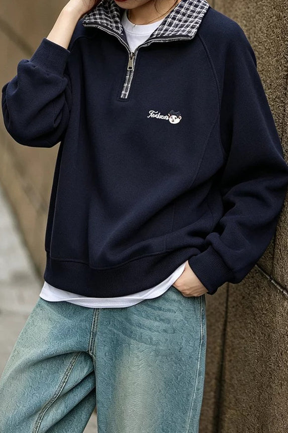 Casual Plaid Collared Half Zip Cartoon Embroidered Sweatshirt
