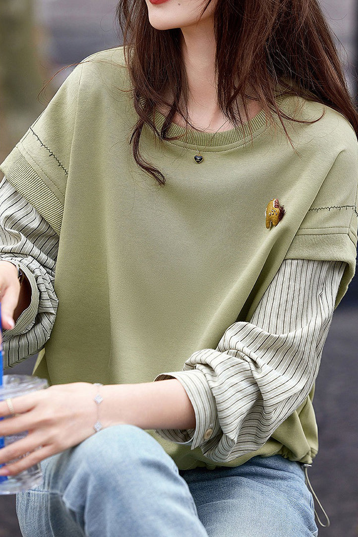 Casual Crew Neck Layered Look Striped Panel Sweatshirt
