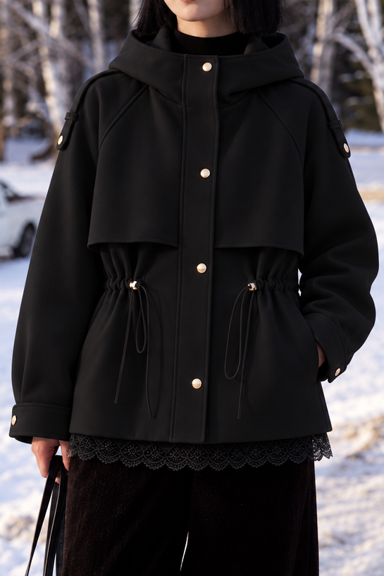 Casual Hooded Lace Panel Drawstring Trench Coat