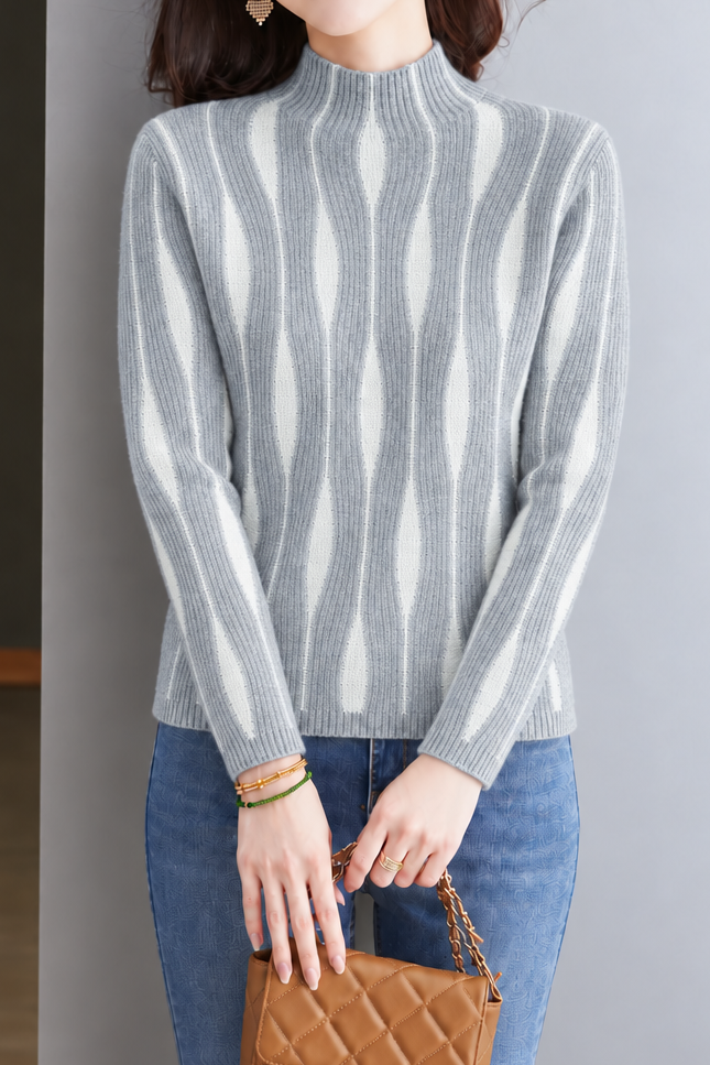 Chic Mock Neck Colorblock Vertical Ribbed Knit Sweater