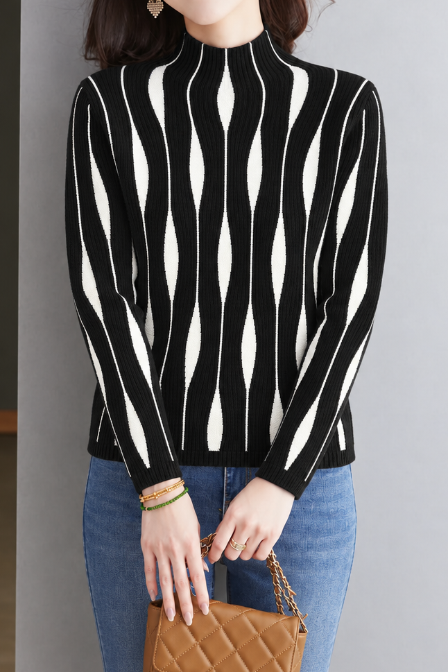 Chic Mock Neck Colorblock Vertical Ribbed Knit Sweater