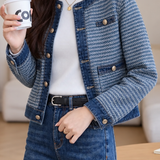 Casual Crew Neck Colorblock Denim Jacket