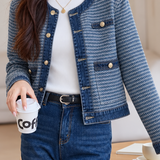 Casual Crew Neck Colorblock Denim Jacket