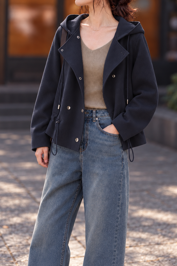 Casual Hooded Double Breasted Drawstring Trench Coat