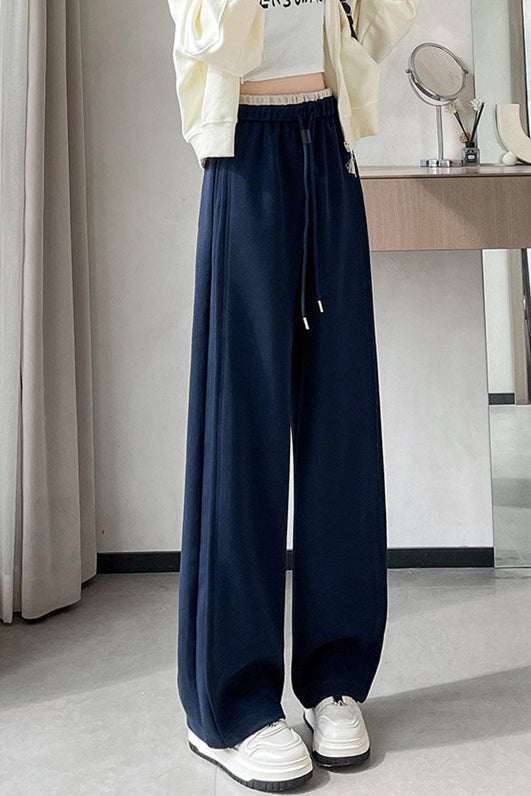 Casual High-Waisted Contrast Drawstring Wide-Leg Pants