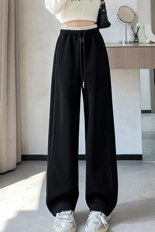 Casual High-Waisted Contrast Drawstring Wide-Leg Pants