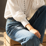 Elegant Mock Neck Jacquard Lantern Sleeve Blouse