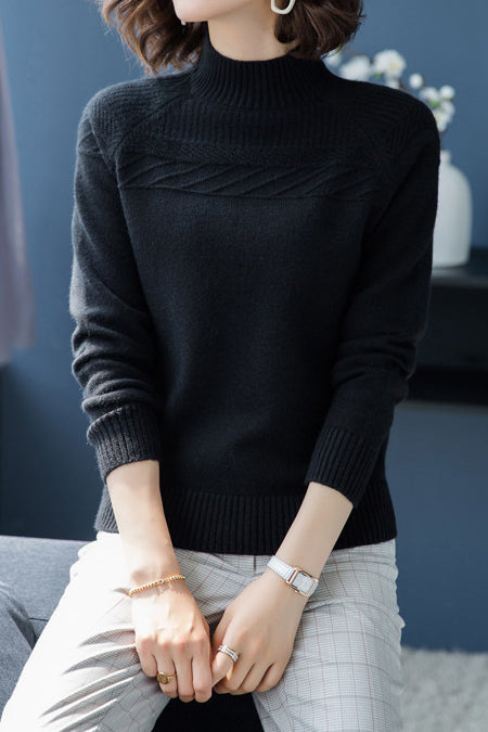 Chic Mock Neck Long Sleeve Cable Knit Sweater