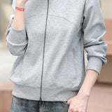 Casual Collared Zip-Up Sweatshirt Jacket with Contoured Seams