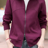 Casual Collared Zip-Up Sweatshirt Jacket with Contoured Seams