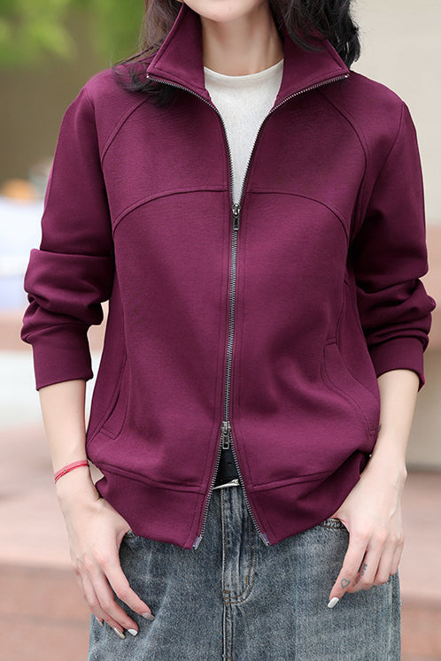 Casual Collared Zip-Up Sweatshirt Jacket with Contoured Seams