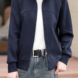 Casual Collared Zip-Up Sweatshirt Jacket with Contoured Seams