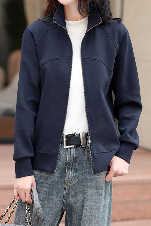 Casual Collared Zip-Up Sweatshirt Jacket with Contoured Seams