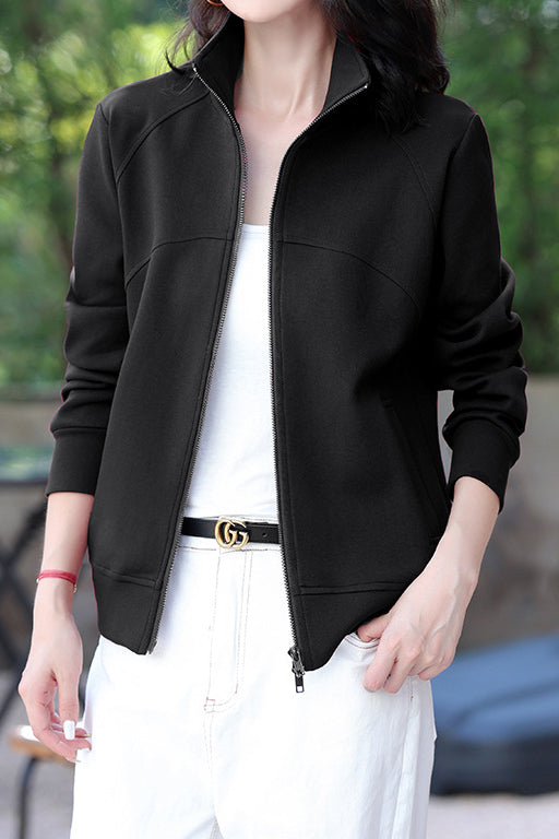 Casual Collared Zip-Up Sweatshirt Jacket with Contoured Seams