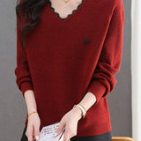 Elegant V-Neck Lace-Trim Long Sleeve Knit Top