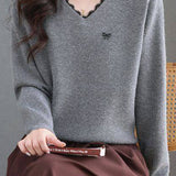 Elegant V-Neck Lace-Trim Long Sleeve Knit Top