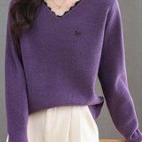 Elegant V-Neck Lace-Trim Long Sleeve Knit Top