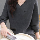 Elegant V-Neck Lace-Trim Long Sleeve Knit Top