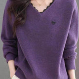 Elegant V-Neck Lace-Trim Long Sleeve Knit Top