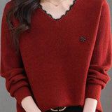 Elegant V-Neck Lace-Trim Long Sleeve Knit Top