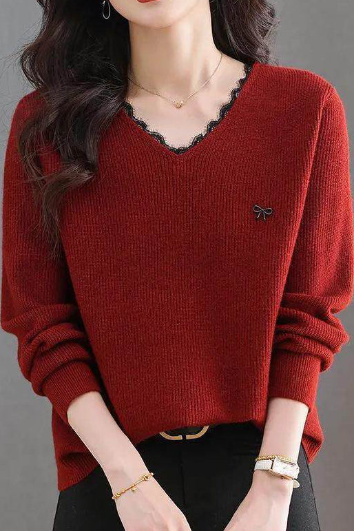 Elegant V-Neck Lace-Trim Long Sleeve Knit Top