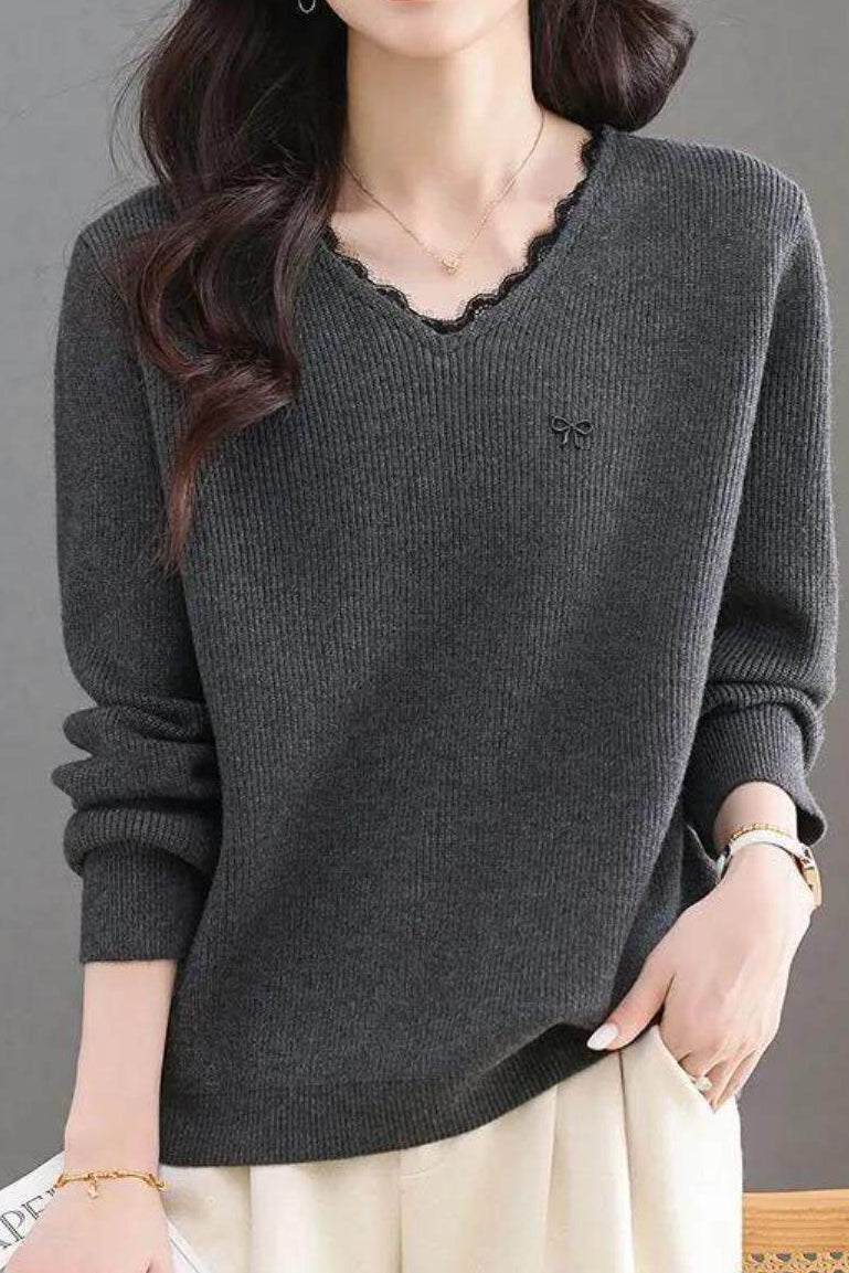 Elegant V-Neck Lace-Trim Long Sleeve Knit Top
