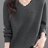 Elegant V-Neck Lace-Trim Long Sleeve Knit Top