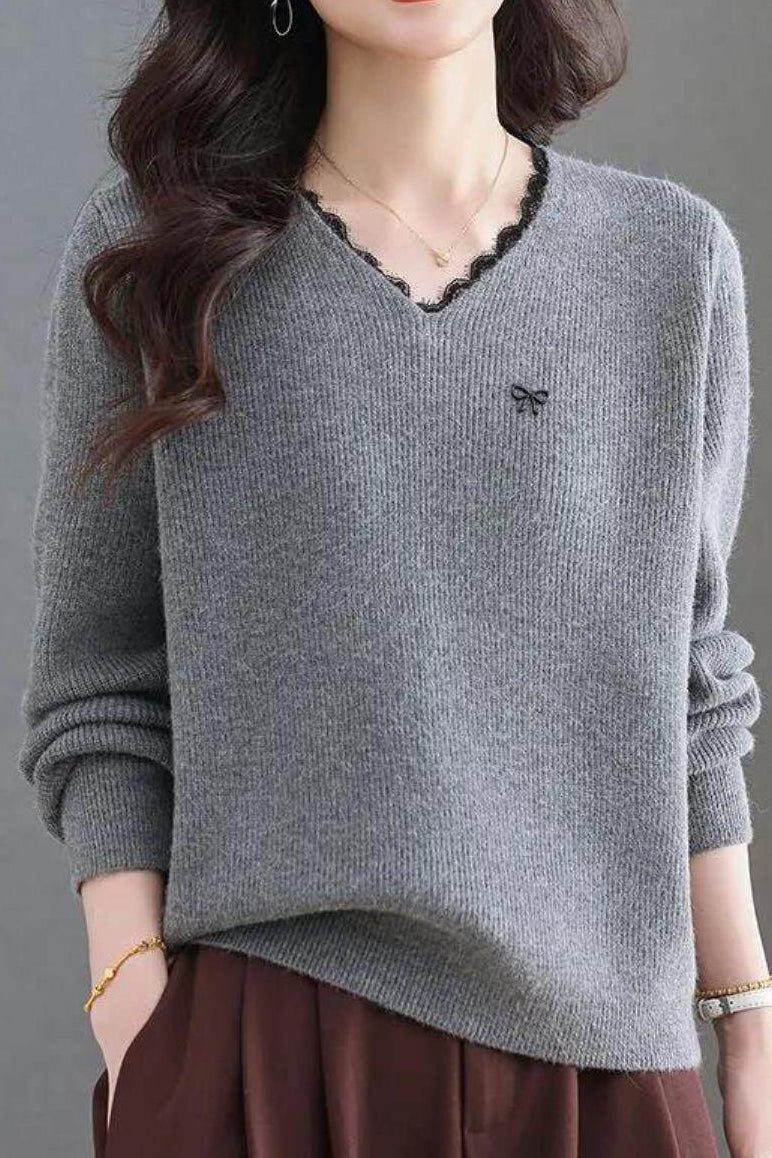 Elegant V-Neck Lace-Trim Long Sleeve Knit Top