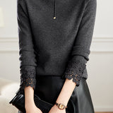 Chic Mock Neck Lace-Trim Long Sleeve Knit Layering Top