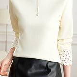 Chic Mock Neck Lace-Trim Long Sleeve Knit Layering Top