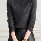 Chic Mock Neck Lace-Trim Long Sleeve Knit Layering Top